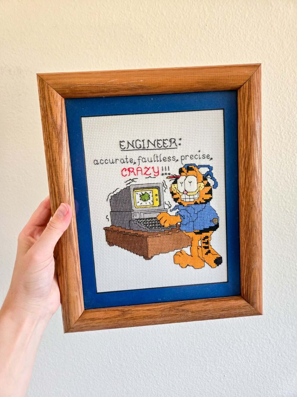 Vintage Garfield The Engineer Framed Cross Stitch Art